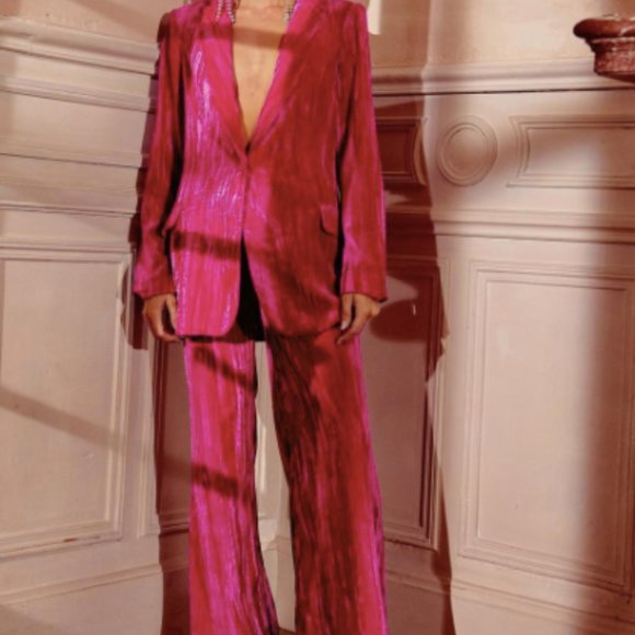 NWT NASTYGAL HOT PINK VELVET WIDE-LEG PANT 6 - Picture 3 of 4